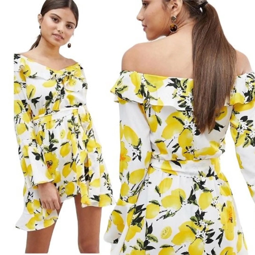 Boohoo Off the Shoulder Lemon Print Dress with Ruffles